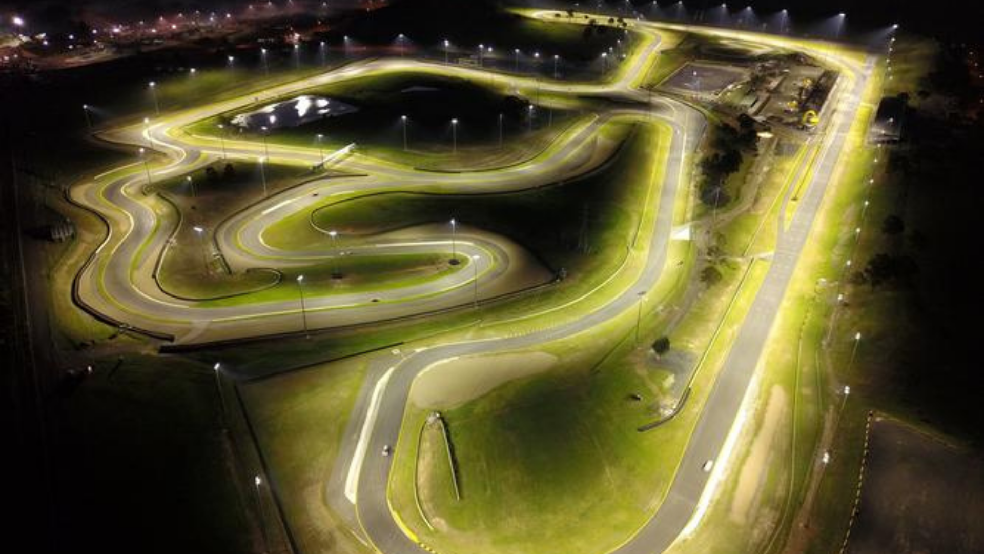 A picture of Sydney Motorsport Park's race track lit up under new lighting system